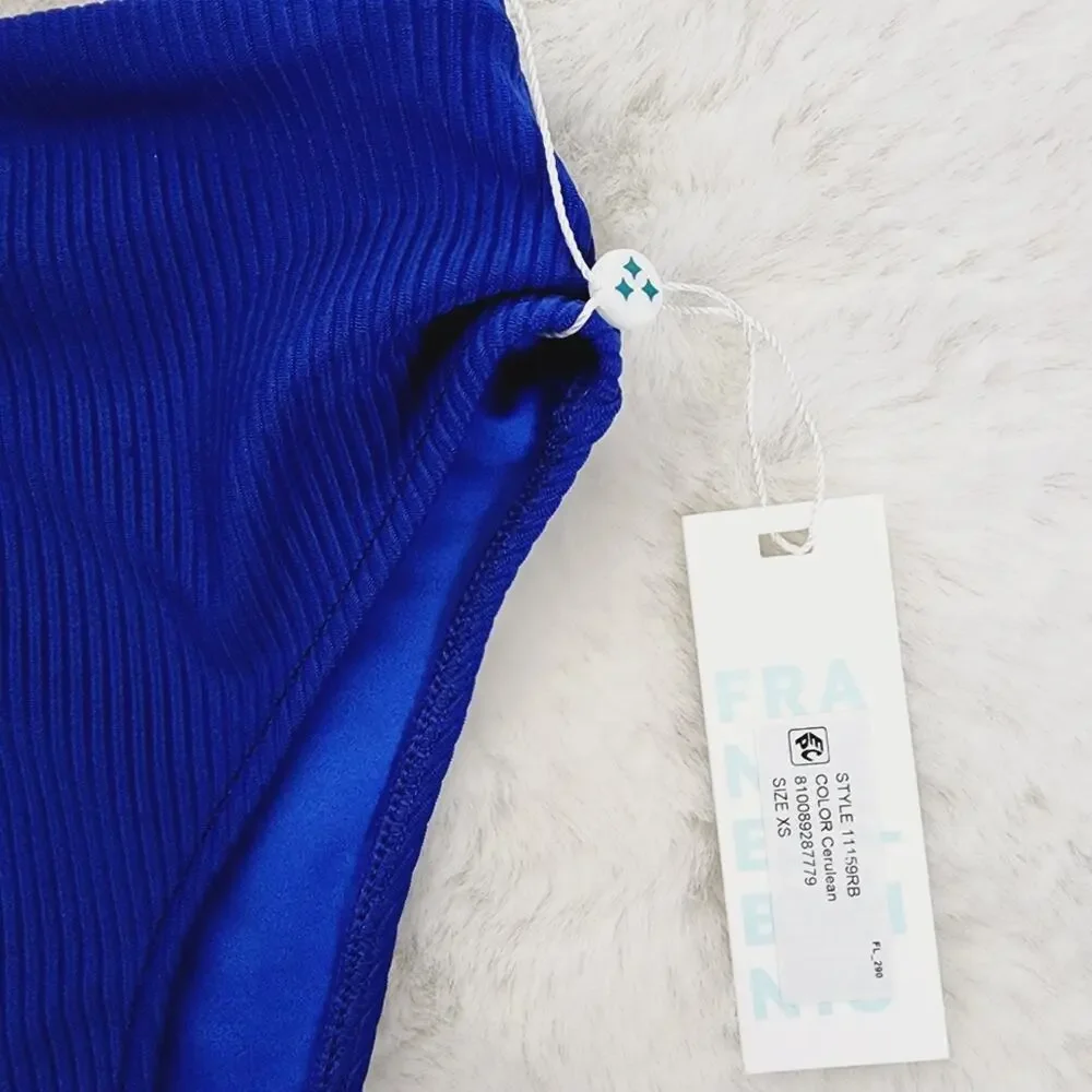 Frankie’s Bikinis Jenna High Waisted Bikini Bottom Cerulean Blue Ribbed Size XS